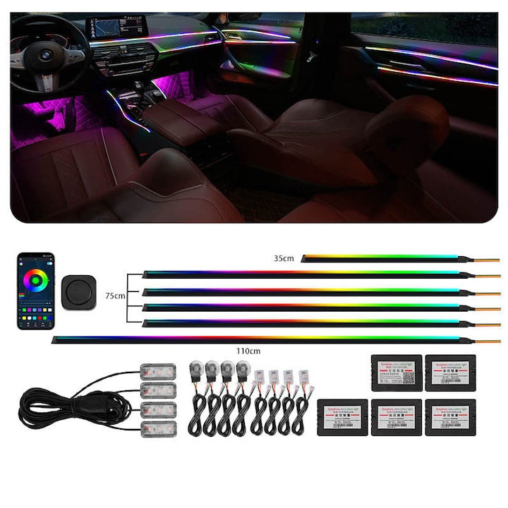 Lumini Ambientale Auto 18 in 1  LED RGB Interior  Lumini Ambientale Auto Kit Profesional  Control Bluetooth Aplicatie Mobila  Efecte Dinamice Symphony  Instalare Pe Usi/Bord/Manere/Podea  YQLAFT  Multicolor