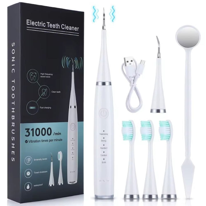 Set de curatare si intretinere dentara cu ultrasunete  periuta electrica  rezistenta la apa  31000 Rotatii pe minut  5 moduri de curatare  2 accesorii pentru indepartarea tartrului  Alb