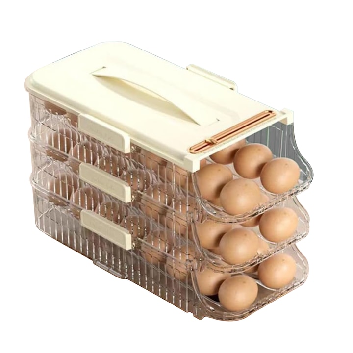ZUNSEAT Refrigerator Egg Organizer, 3-Tier Transparent Egg Storage Box, Plastic, Transparent/Beige