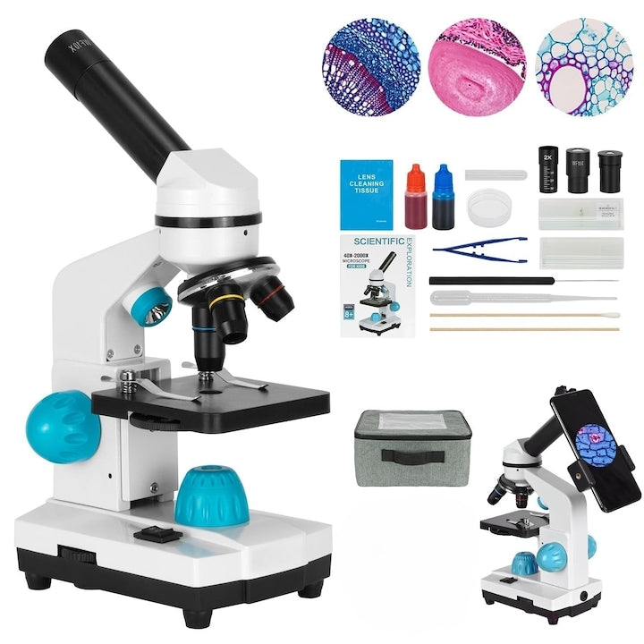 Microscope 40X-2000X for Kids, Monocular Microscope Kit for Students, Handbag, Phone Holder, Biological LED Beginner Kit for Educational Science Boys Girls Toys, WALALLA, White