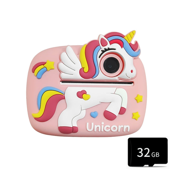 Aparat foto copii cu functie de printare  cu Card Memorie 32GB  2.4 inch IPS  Video 1080P  24 milioane pixeli  Camere duale Functia selfie  2 role hartie incluse  Husa de protectie din silicon  model unicorn  roz