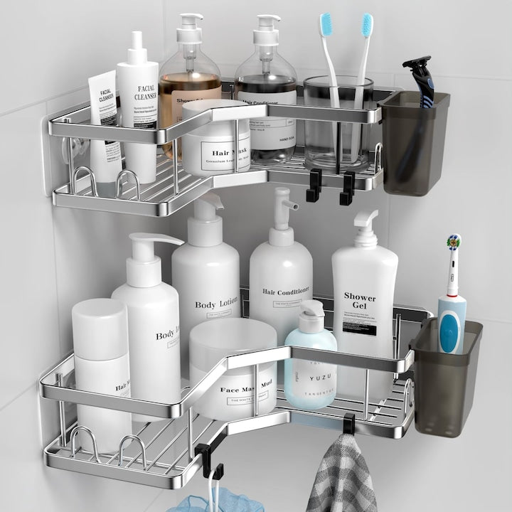Set 2 Raft de Dus  ZUNSEAT  Tajera colt Organizator Baie  din Otel Inoxidabil  cu Montare Usoara fara Gaurire  Otel Inoxidabil  Argintiu
