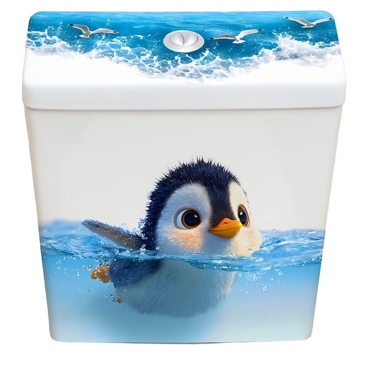 Sticker Decorativ 3D pentru Vas Toaleta  Model Pinguin Inotand  Autocolante PVC Autoadeziv  Impermeabil 35cmx40cm  pentru Rezervor si Capac WC  Decor Baie Modern