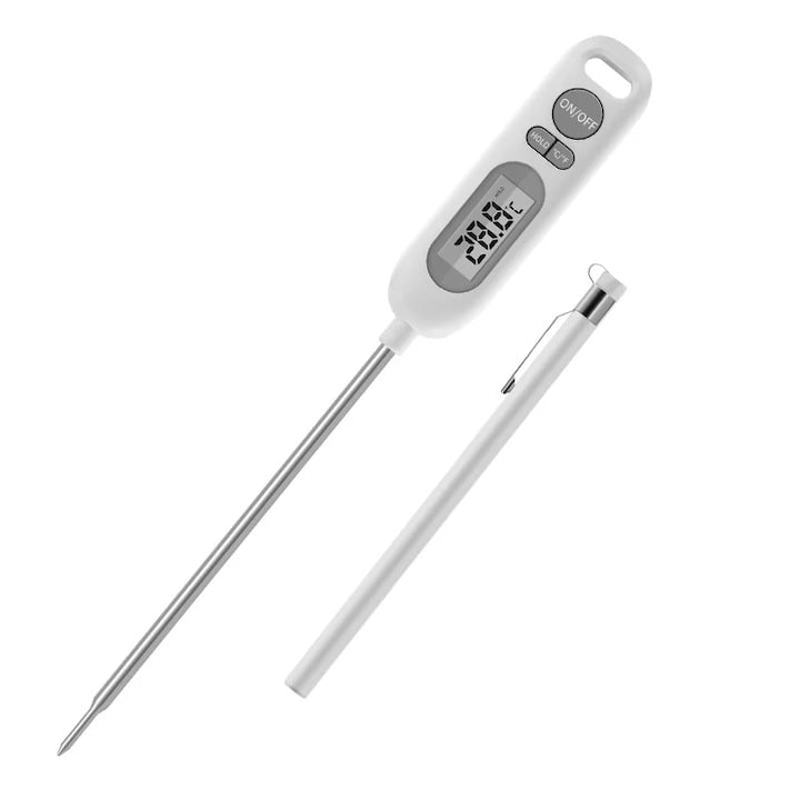 Termometru digital cu sonda  termometru de bucatarie profesional  plastic/otel inoxidabil  ecran LCD  rezistent la apa  potrivit pentru gatit  lichide  alimente  lapte  paine  ceara etc. -50°C - +300°C  alb