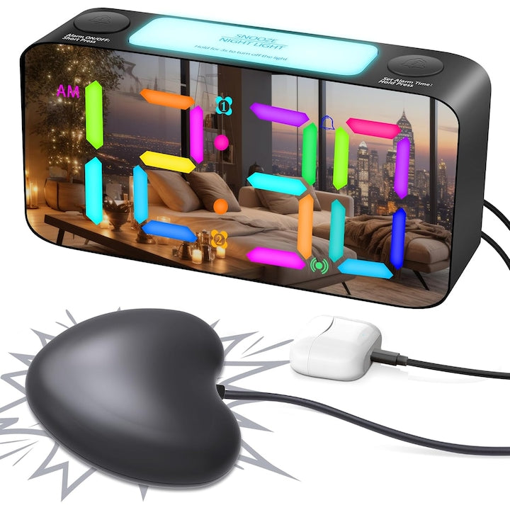 Ceas desteptator cu vibratii extrem de puternic pentru surzi/persoane cu somn profund/cu deficiente de auz  ceas desteptator digital RGB pentru camera copiilor  numere mari/incarcator USB/lumina de noapte/functie de somn