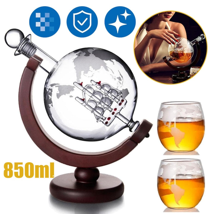 Set decantor și pahare  CHOOLY  850ml  glob gravat  2 pahare 250ml  lemn