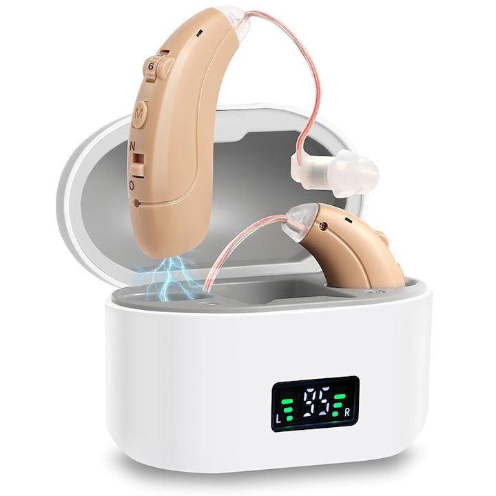 Aparat Auditiv x2 reincarcabil  Rqiurpn  set cu 3 moduri de reducere a zgomotului  incarcabile  130 dB  cu Statie de Incarcare  dupa ureche  Hipoacuzie Medie-Severa  Pentru Adulti