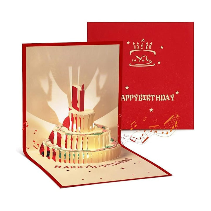 Felicitare cu tort pop-up 3D  Happy Bithday  Muzicala  Lumina LED  Cu plic  Pliabil  Usor de asamblat  Pentru scrisoare de invitatie  ziua de nastere si craciun  Hartie  15x15 cm  YQLAFT  Multicolor