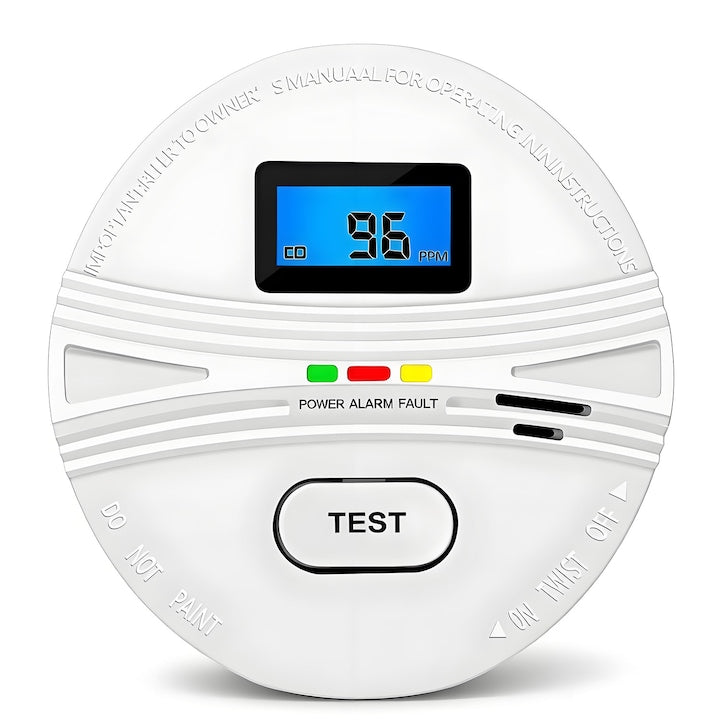 Detector 2 in 1 Monoxid de carbon si Fum  Senzor dual  Display LCD pentru monitorizarea concentratiei de Gaz in timp real  Indicator stare LED  Alimentare Baterii  Buton Test  Avertizare Sonora  Avertizare Vizuala  Acoperire Mare  Alb