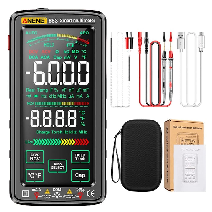 Digital Multimeter Automatic measurement and detection with touchscreen Measures DC/AC current With silicone protective case and dual flashlights ABS/Silicone Integrated flashlight Carry case Black