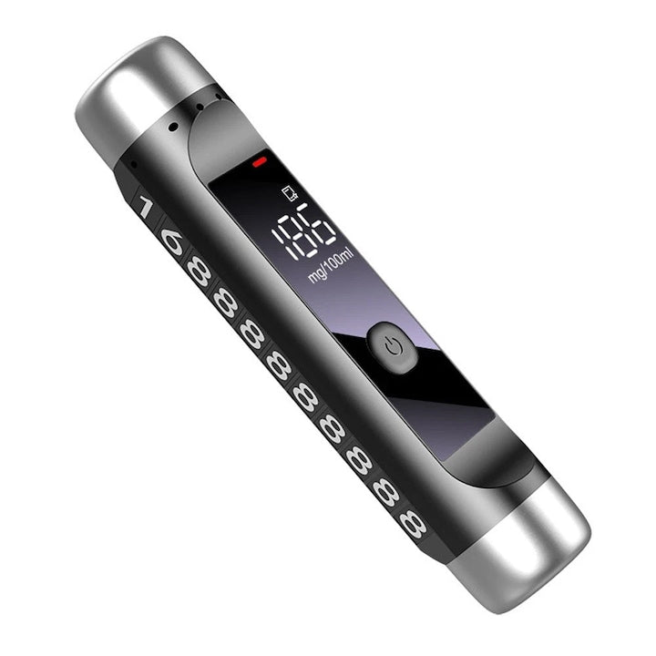 Detector de alcool 3 in 1  Tester Portabil  Ciocan de Siguranta  Suport Afisare Nr.Telefon pe Bordul Masinii  Display LCD  USB C  Autonomie Mare  Negru