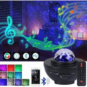 Proiector LED / lampa de noapte  difuzor Bluetooth integrat  laser verde si efect stele RGB  telecomanda si functie timer  Negru  1 buc