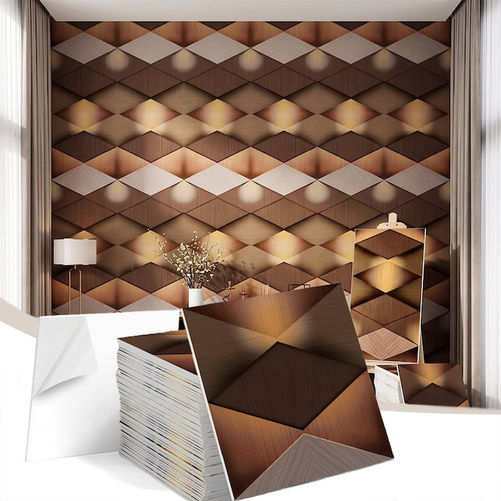 Self-adhesive wallpaper, rhombus wood tile imitation, 30x30cm, 10 pcs, flexible foam PVC, waterproof, wall renovation