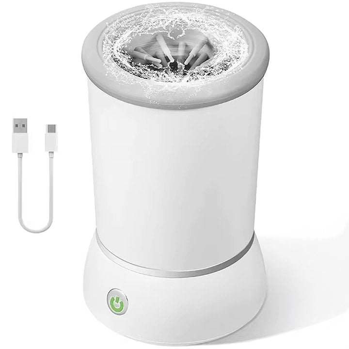 Dispozitiv Pentru Curatare si Dezinfectare Labute Caini si Pisici Automat  cu Acumulator  2 Viteze si Rotatie Bidirectionala  Perii din Silicon Moale  Capac Anti Stropire  Incarcare USB  pentru Igiena Animale de Companie de Talie Mica/Medie  Alb
