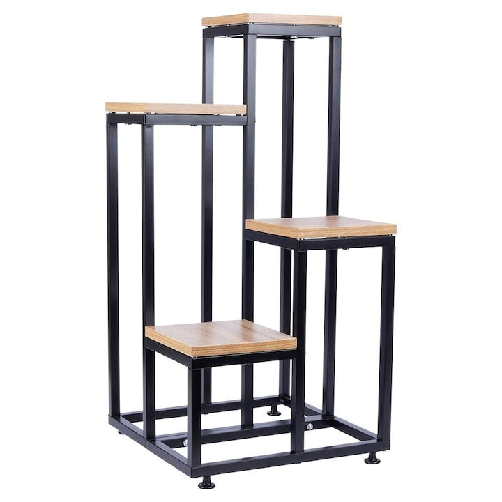 Suport Metalic Pentru Flori  Vilde  4 Niveluri  34x34x69 cm  Negru  Metalic  Rafturi Din Mdf  Stabil  Stil Industrial  Materiale De Inalta Calitate