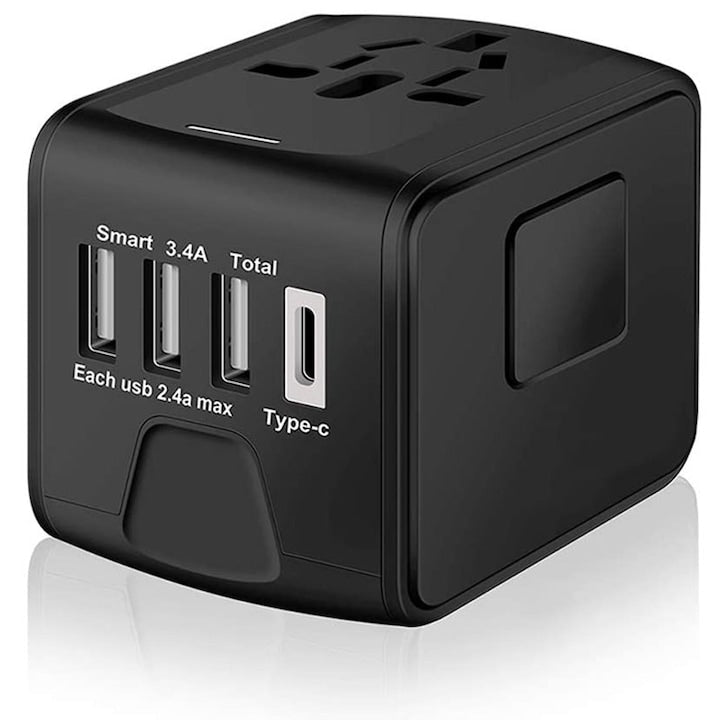 Adaptor de calatorie universal  3 USB  1 Type C  negru  100-240V  5.6A