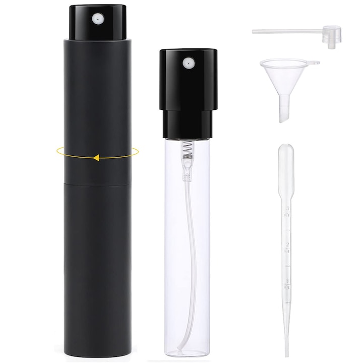 Parfum Atomizor  Cu unelte  mini dozator de parfum  sticla reincarcabila  Portabil Rezistent la scurgeri  sticla de pulverizare fina  recipient de distributie a articolelor de toaleta  esential pentru calatorii  Aluminiu  10 ml  Negru mat
