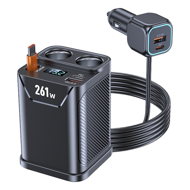 Incarcator Auto 7 in 1  Incarcare Super Rapida 261W  3xUSB-C + 2xUSB-A + 2xPrize Auto  PD3.0  QC3.0  Cablu Retractabil PD45W 65cm  12-24V  Afisaj Digital  Compatibil Laptopuri/Tablete/Telefoane/Console/Electronice Auto  Universal  Negru