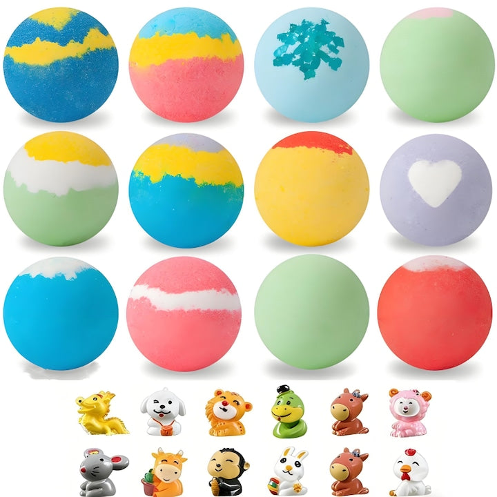 Set 12 Bile Efervescente cu Surprize  AjieQaQ  Aroma Lavanda  Trandafir  Portocale Dulci  Multicolor  60g fiecare