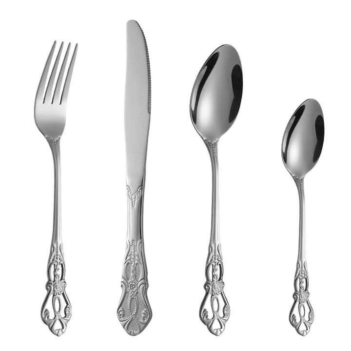 Set tacamuri  Fantasy  4 piese  Design regal  Otel inoxidabil 410  Model de epoca in relief  finisaj lustruit in oglinda  Design ergonomic  se poate spala in masina de spalat vase  potrivit pentru birou  calatorii si camping  Argint