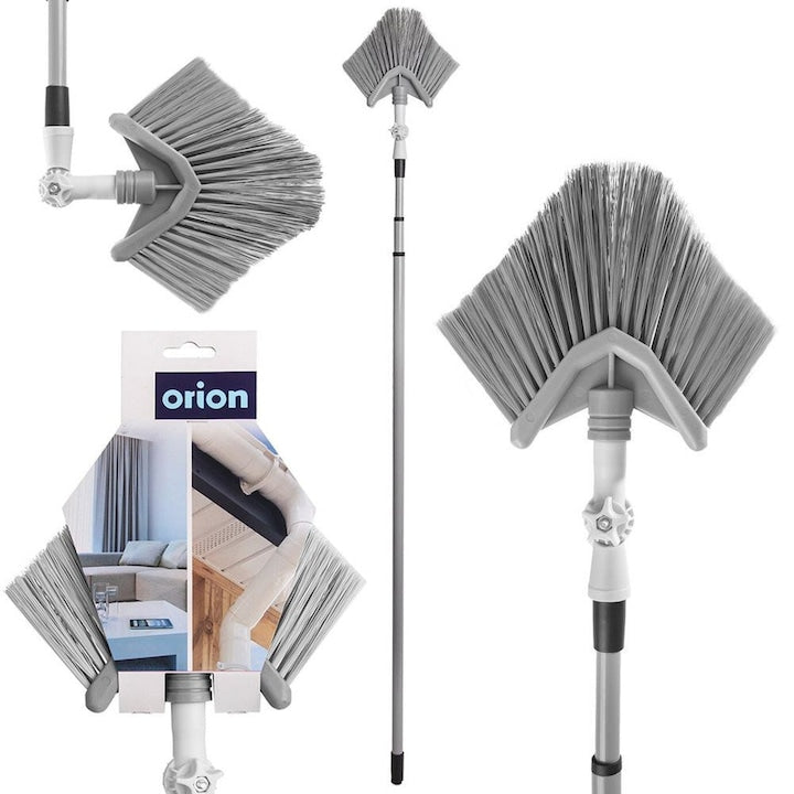 Mop Telescopic  Orion  143x324 cm  Maner Reglabil Cu Lungime De La 143 La 324 cm  Perie Triangulara Cu Fire Dense Si Rigide  Posibilitate De Rotire A Periei Cu Ajutorul Unei Suruburi Reglabile  Fabricat Din Metal Si Plastic  Gri
