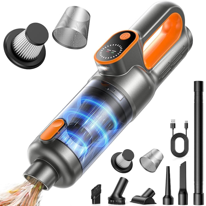 Aspirator Auto 5 in 1 Portabil  65W  17000PA  80000RPM  portocaliu  0.4L  6000mAh  Afisaj HD compact  Motor fara perii