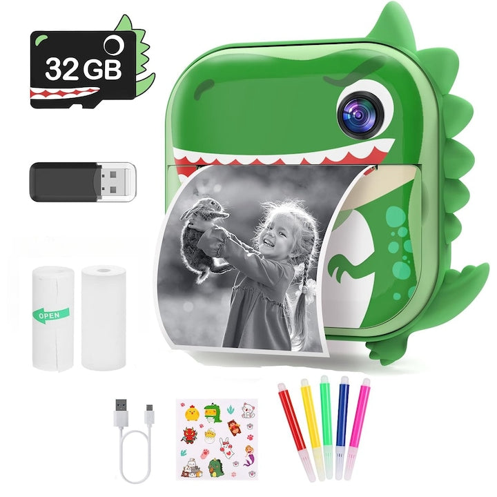 Aparat foto copii cu functie de printare  Rezolutie 48Mpx 1080P  Dual Camera Fata-Spate  Functie SELFIE  Display LCD Color 2.4"  Carioci si Stickere Colorate  model Dinozaur  Verde Azur