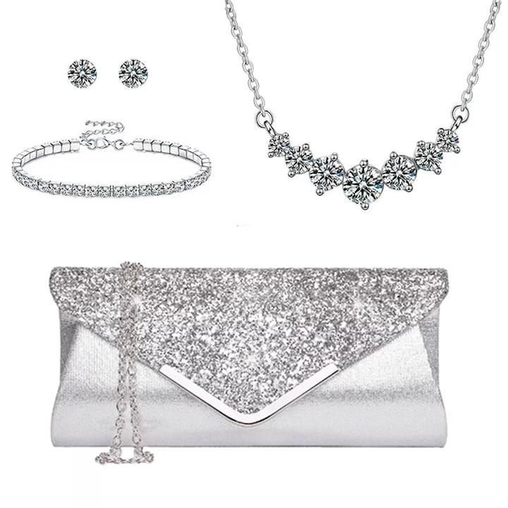 ZOUN - Women's Handbag with Necklace Earrings Bracelet, Straight Cut Diamonds, Fashionable, Suitable for Parties, Dinners, Important Occasions, 25 × 5 × 11 cm, Silver