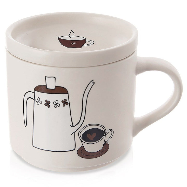 Mug with Lid, Orion, 420 ml, Beige Porcelain, Dishwasher and Microwave Safe, Comfortable Handle, Ideal for Tea and Infusions