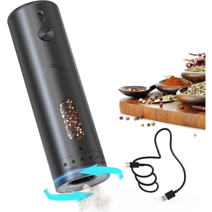 Rasnita electrica de sare si piper reincarcabila cu nivel de macinare reglabil  Nicerpro  lumina LED  110 ml  Negru mat
