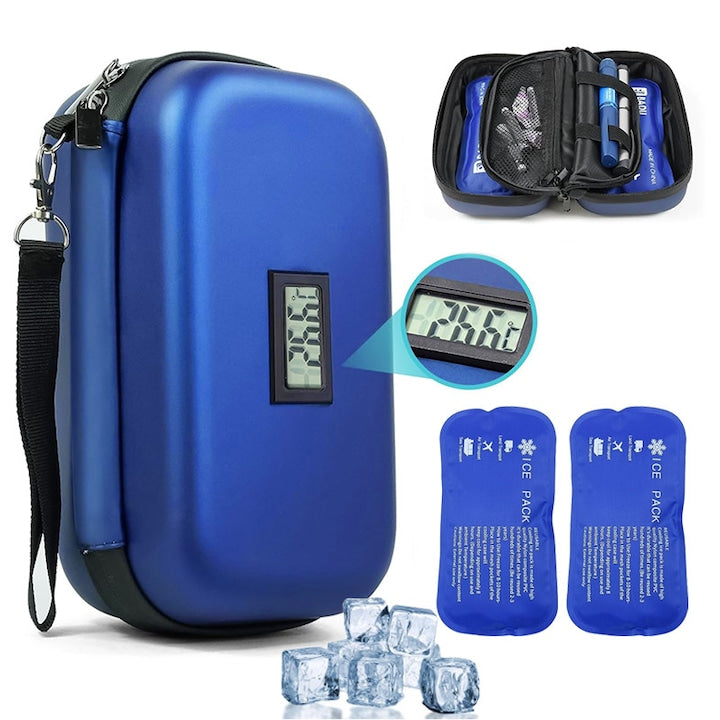 Geanta de racire pentru insulina  racire 48 de ore  180g pungi de gheata mari x2  afisaj al temperaturii  impermeabila  capacitate mare  durabila  portabila  cu cordon portant  20x12x9 cm  albastra