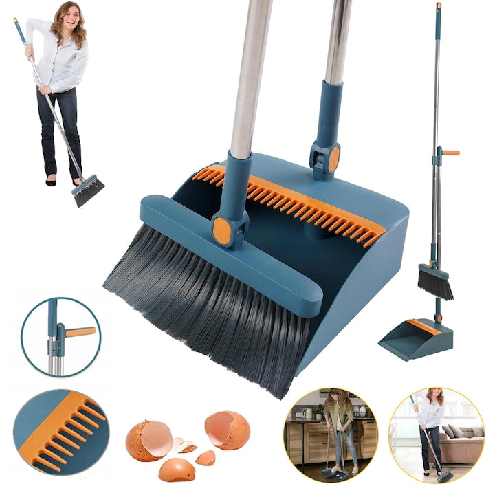 Long Handle Broom and Dustpan Set with Comb, 180-Degree Rotating Tall Broom, Household Dustpan with Comb Teeth for Indoor and Outdoor, Kitchen, Office, Hallway