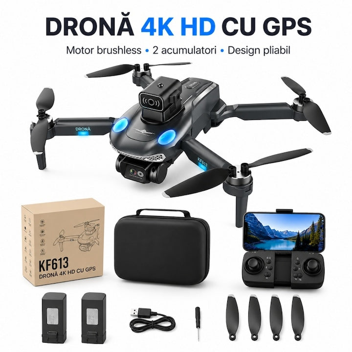 Drona 4K HD  Drona Cu Camera Video  GPS Integrat  Motor Brushless Puternic  Evitare Obstacole Zi Si Noapte  Design Pliabil Inteligent  Autonomie Extinsa Pana La 40 Min  2 Acumulatori Inclusi  Control Stabil  Pentru Incepatori Si Pasionati  Negru