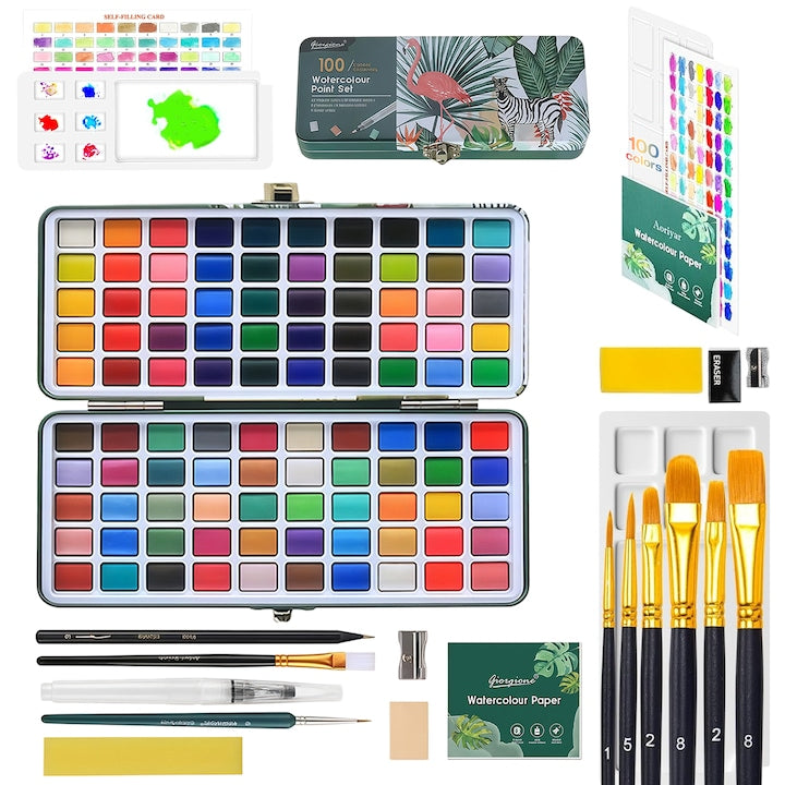 100-Color Watercolor Set 100-color watercolor paint set in a metal box with a water brush, 100 vibrant colors, pearlescent solid watercolor, concentrated pigment, green materials, multi-