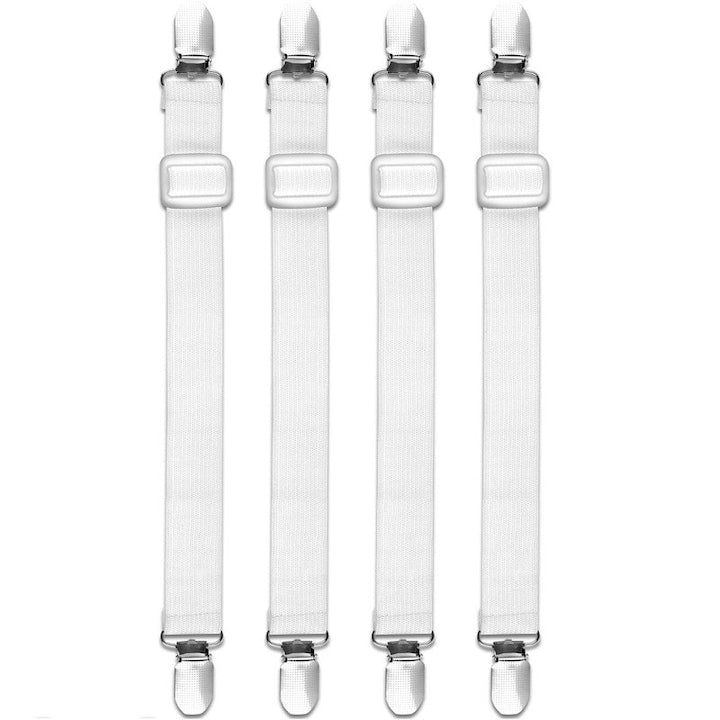 Set 4 curele elastice pentru fixare cearceafuri  cu clesti metalici  ajustabil  elastic  Alb