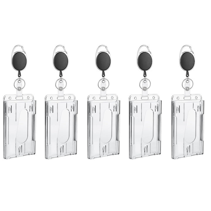 Set 5 ecuson de identitate  rola ( snur ) retractabila cu clips pentru legitimatie  poate fi purtat cu tine  vertical  Transparent/Negru