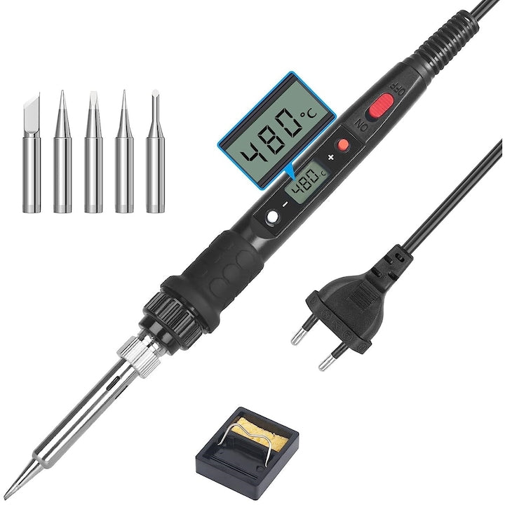 Portable Soldering Iron, 5 Soldering Tips, Adjustable Temperature, LED Display, 80W Power, 180-480° Temperature, Black
