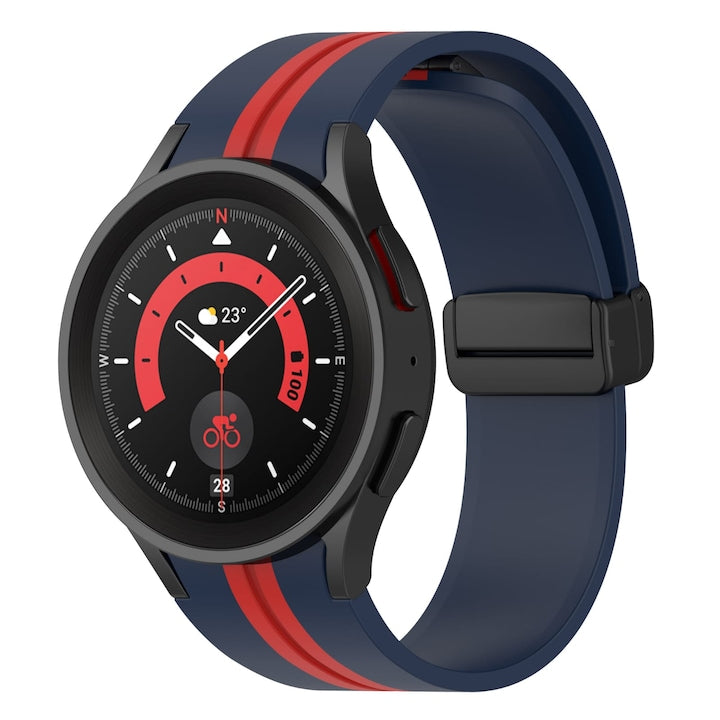 Curea Ceas D-Buckle Two-tone  compatibila cu Samsung Galaxy Watch5 Galaxy Watch5 Pro Galaxy Watch4 Galaxy Watch4 Classic  Silicon magnetic  bleumarin cu dunga rosie pe mijloc