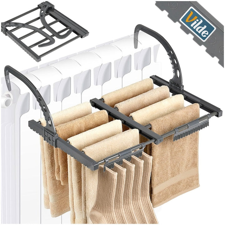 Uscator Extensibil De Rufe Pentru Calorifer Sau Balcon  Vilde  Reglabil 32.5-60x35x18.5 cm (Uscare 2.7 M)  Gri  Metal Rezistent  10 Bare De Agatare (Sarcina 5 kg)  Prinderi Pliabile Adaptabile  Design Telescopic Compact Ideal Pentru Apartamente Mici