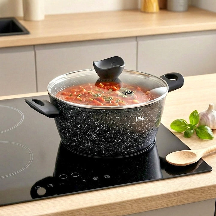 Cratita Din Aluminiu Cu Strat De Granit Antiaderent Si Capac Din Sticla Granitica Line  Diametru 24 Centimetri  Volum 3.6 L  Are Manere Placute La Atingere Tip Soft Touch  Este Compatibila Cu Plita Pe Inductie Si Se Curata Usor Automat In Masina