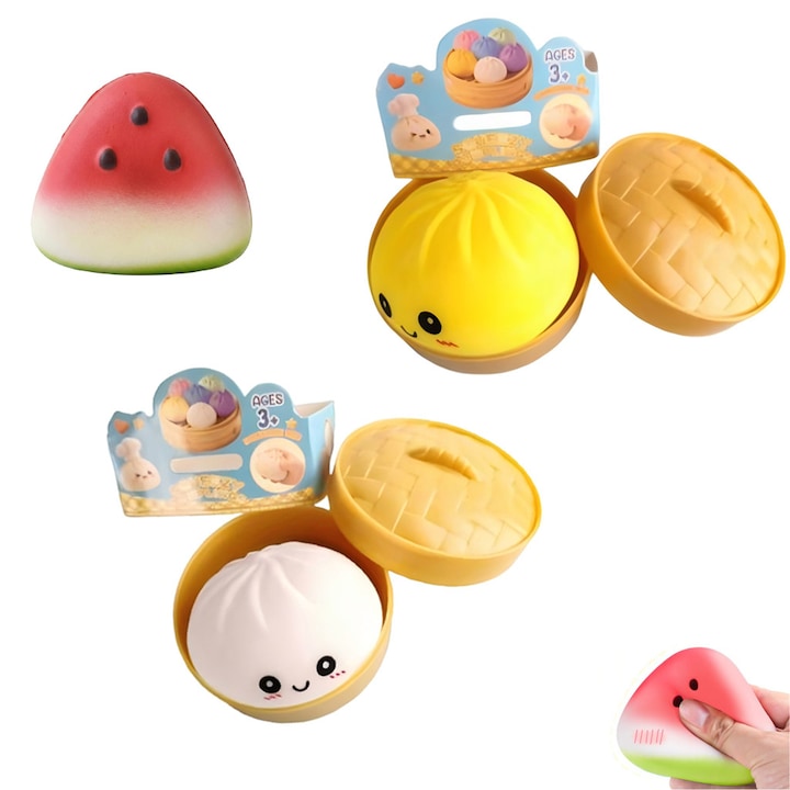 Set 3 Jucarii Antistres Squishy Galuste Model  2 Chifle Alb si Galben + Felie Pepene  cu Cos de Abur  Revenire Lenta Senzoriala