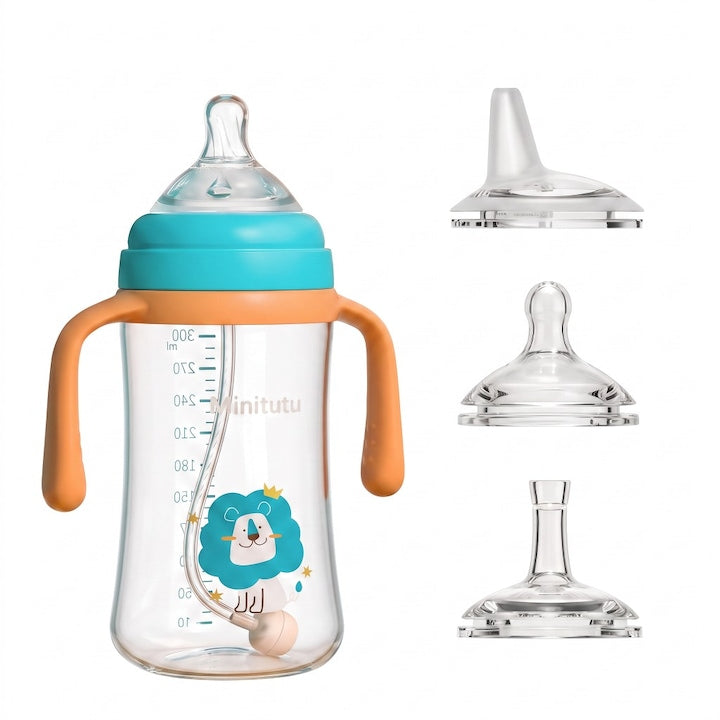 3-in-1 Baby Bottle 300 ml 6 Months+ Wide Mouth Easy to Clean Set with 3 Silicone Nipples BPA-Free Anti-Leak Orange-Green with Animal Pattern