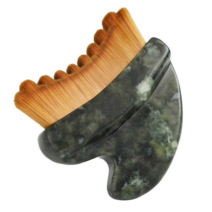 Perie 2 in 1 Extra Soft de Masaj Facial Limfatic  Cu Maner Gua Sha din Piatra de Jad Natural  pentru Contur Facial si Drenaj Limfatic pentru Modelarea Maxilarului si a Barbiei  Foarte Moale  Ergonomica  Verde