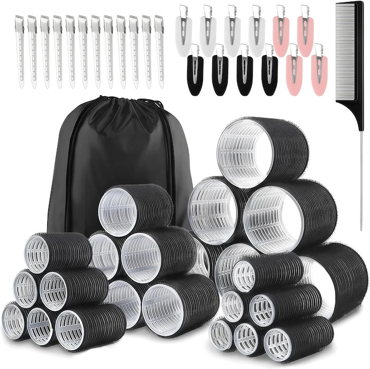 Set 24 bigudiuri si 24 clipsuri  Wacorresi  4 dimensiuni  pentru bucle lungi si puternice  negru