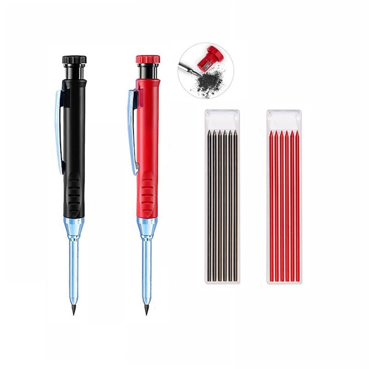 Mechanical Carpenter Pencils Set, 2 Pieces, 12 Refills, With Sharpener, Comfortable Grip, For Writing, Painting, Sketching, ABS/Metal, 14.5cm, YQLAFT, Black/Red