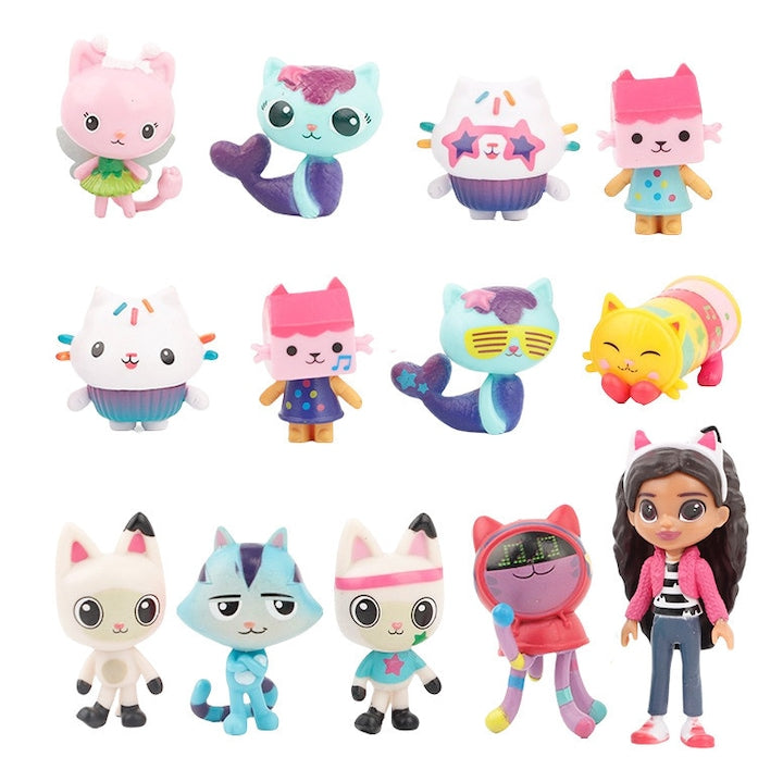 Set de 13 papusi Gabby pentru casa de papusi  Dollhouse Mermaid Cake Cat  potrivite pentru copii de peste 3 ani  5–8 cm  PVC  multicolor