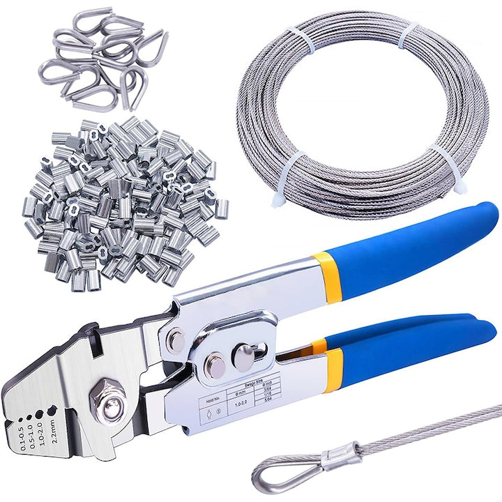 Cleste sertizare  Rqiurpn  Cleste de crimpare pentru cablu  4 pozitii de crimpare  12PCS Dedale din otel inoxidabil  200 pcs Mansoane din aluminiu  20 m Cablu de sarma din otel inoxidabil