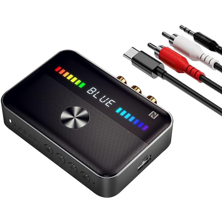 Suness NFC Bluetooth 5.3 Adapter, TX/RX Transmitter and Receiver, RGB LED, AUX/RCA/Coaxial/Optical/USB, 1000 mAh, Supports Optical Fiber Input, for Headphones, TV, Car, Audio System, Black
