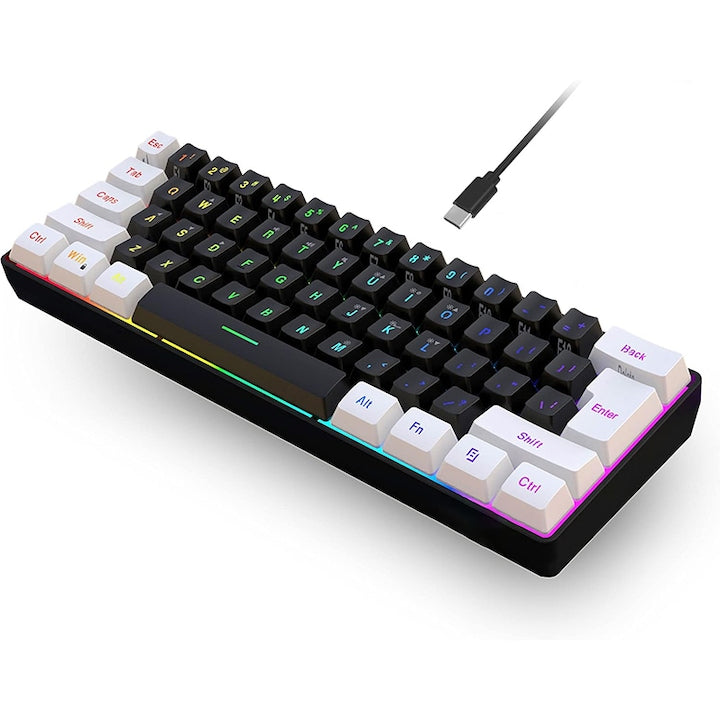 Tastatura Mecanica Gaming  Duuyect  ooc cu 61 taste  Portabilitate  Tastatura cu fir  USB type-C  compacta  iluminare RGB  alb-negru  Accesoriu Silentios pentru Jocuri sau Birou