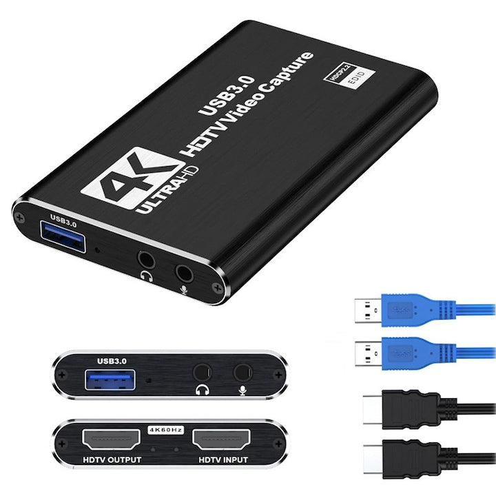 4K HDMI Capture Card, Fantasy, USB 3.0, HD 1080P 60FPS, Plug and Play, with Microphone Audio Input, Headphone Output, Compatible with Windows 7, 8, 8.1, 10 or later, Linux, Mac OS operating systems, PCs and mobile devices